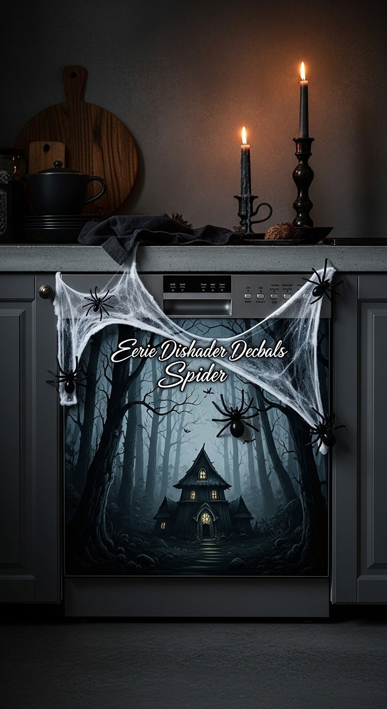 Modern dishwasher covered in haunted forest decal with spider webs and plastic spiders