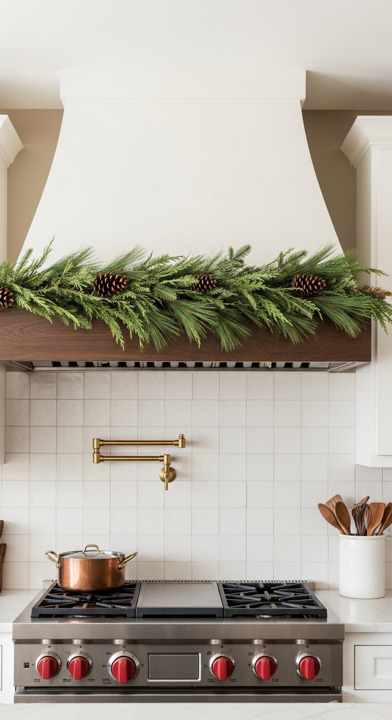 Modern farmhouse Christmas kitchen with rustic mixed greenery garland and pinecones draped across a dark vent hood