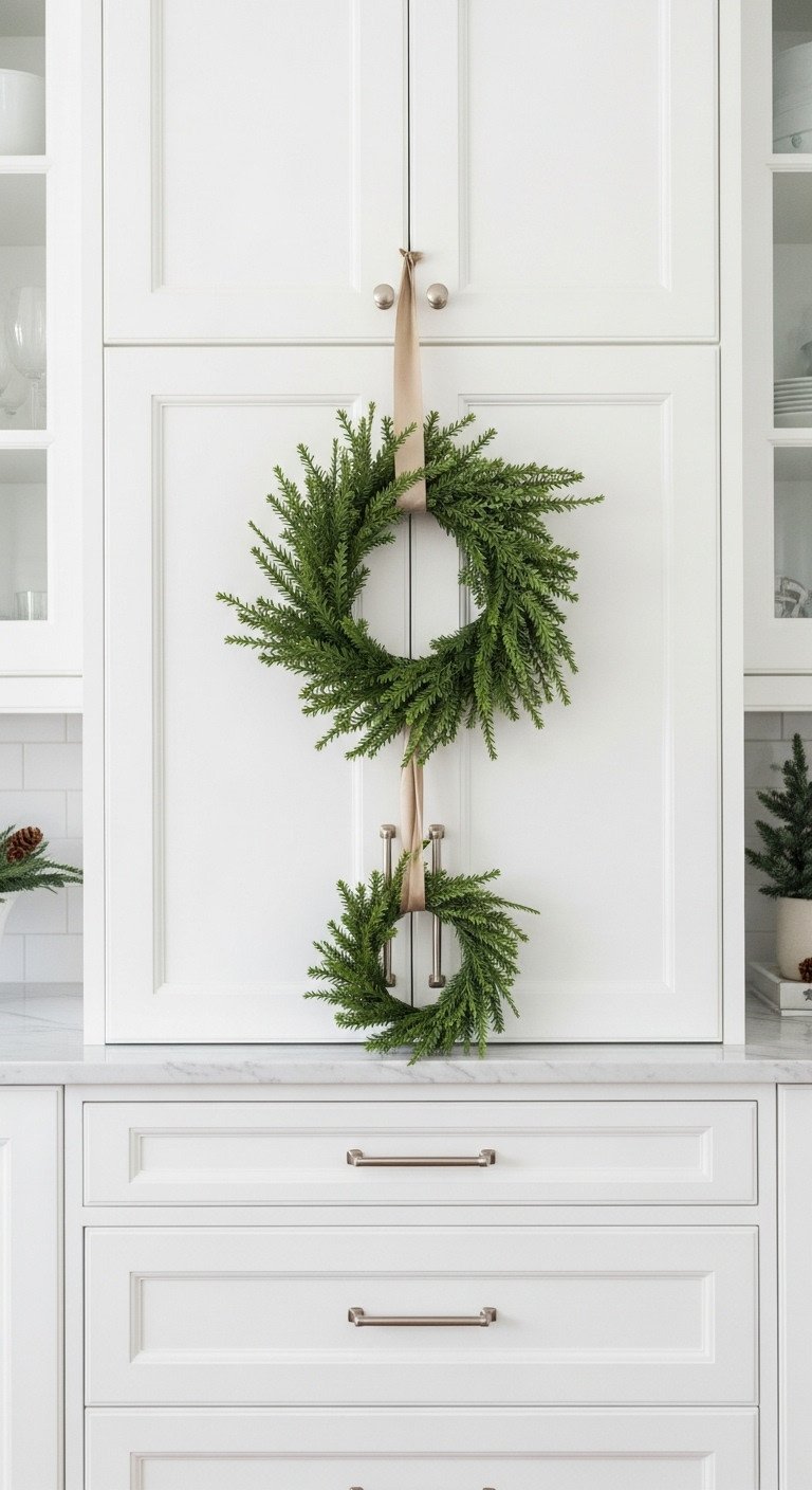 Modern farmhouse kitchen small green wreaths white shaker cabinets satin ribbons marble countertop bright daylight