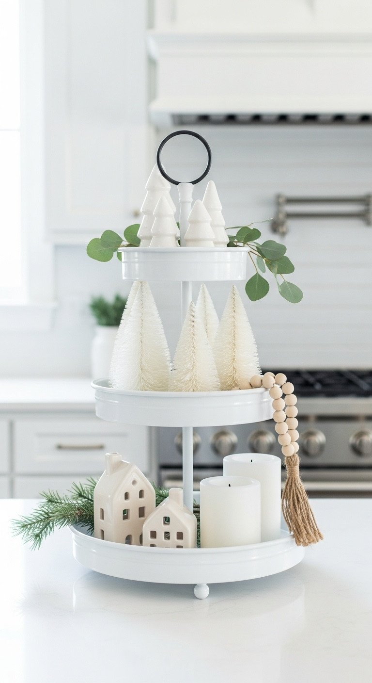 Modern farmhouse kitchen with monochromatic white Christmas tiered tray with ceramic houses and bottlebrush trees