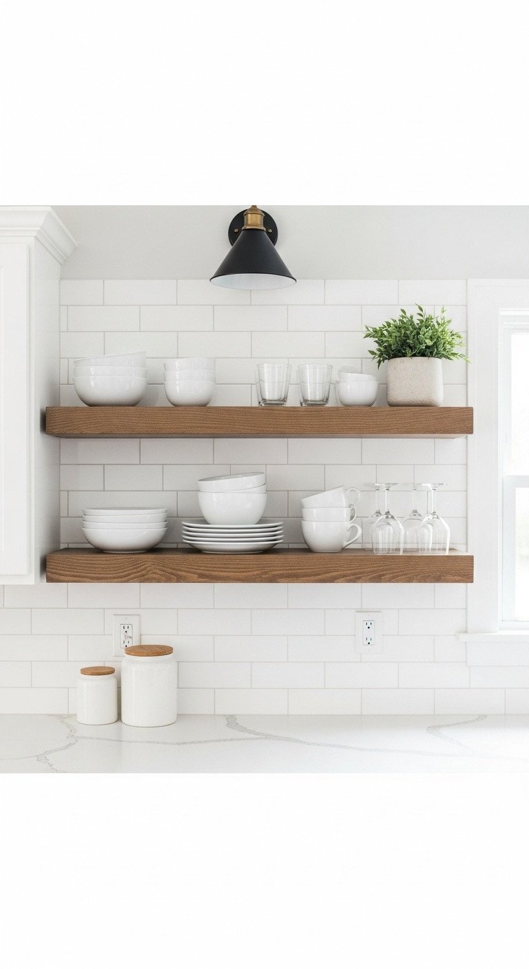 13 Brilliant Galley Kitchen Ideas To Maximize Your Space 1 Modern galley kitchen with minimalist rustic wood floating shelves, styled with white ceramic dishes and a succulent on white subway tile.