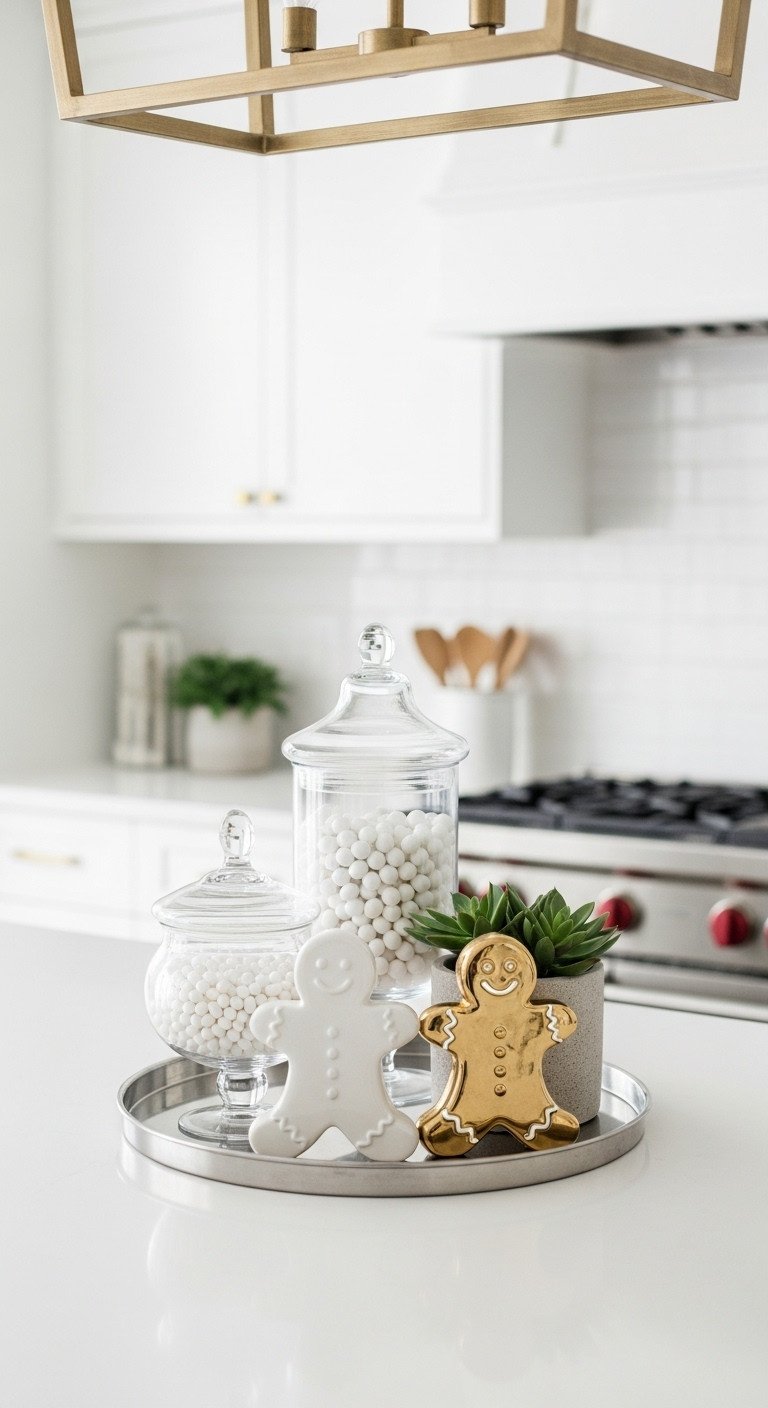 Modern gingerbread kitchen decor: elegant ceramic gingerbread men, clear candy jars with peppermints on a pristine white island.