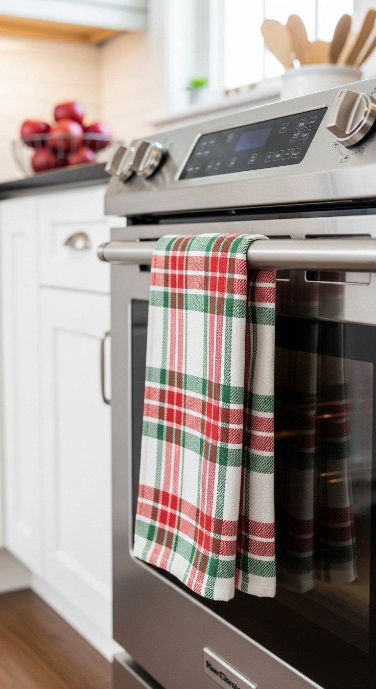 11 Cozy Christmas Kitchen Ideas That Feel Truly Magical 10 Modern kitchen: Red and green plaid dish towel on stainless steel oven handle. Fresh decor, white cabinets, dark counter, apples.