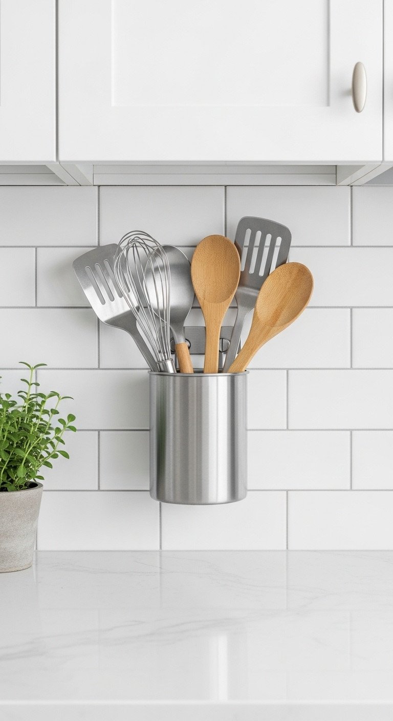 11 Smart Apartment Kitchen Organization Ideas For Renters 7 Modern kitchen backsplash with a stick-on stainless steel utensil holder organizing whisks, spatulas, and wooden spoons on white subway tiles.