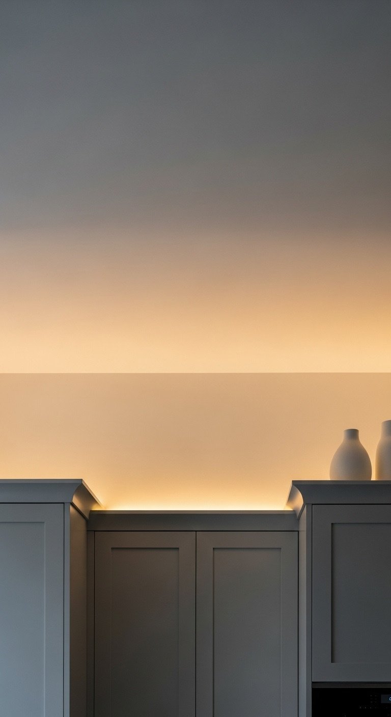 Modern kitchen ceiling, soft ambient LED strip light glow. Elegant gray shaker cabinets, white wall. Minimalist home decor lighting idea.