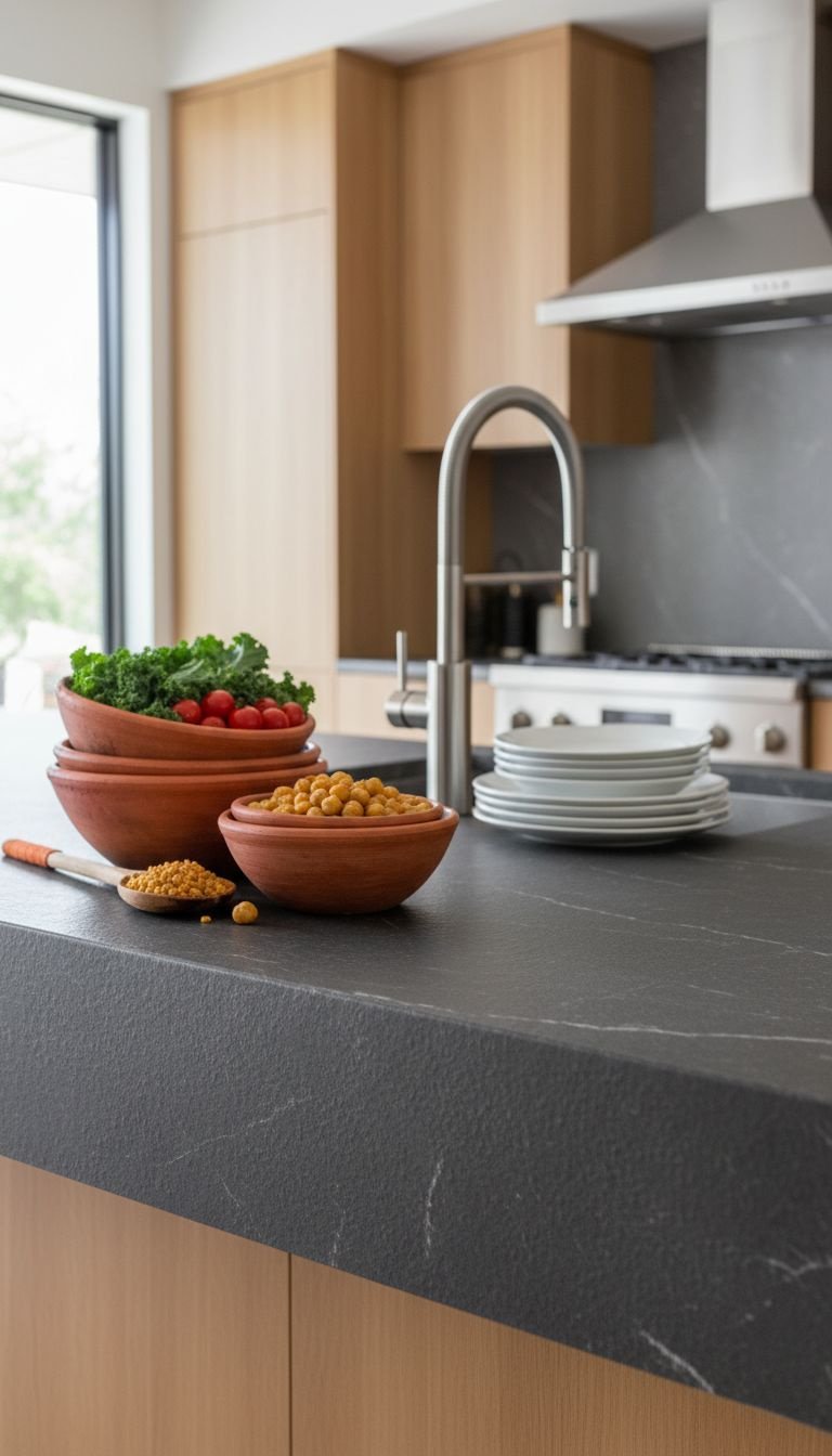 Modern kitchen countertop with dark soapstone vinyl film, textured, gooseneck faucet, and white porcelain plates.
