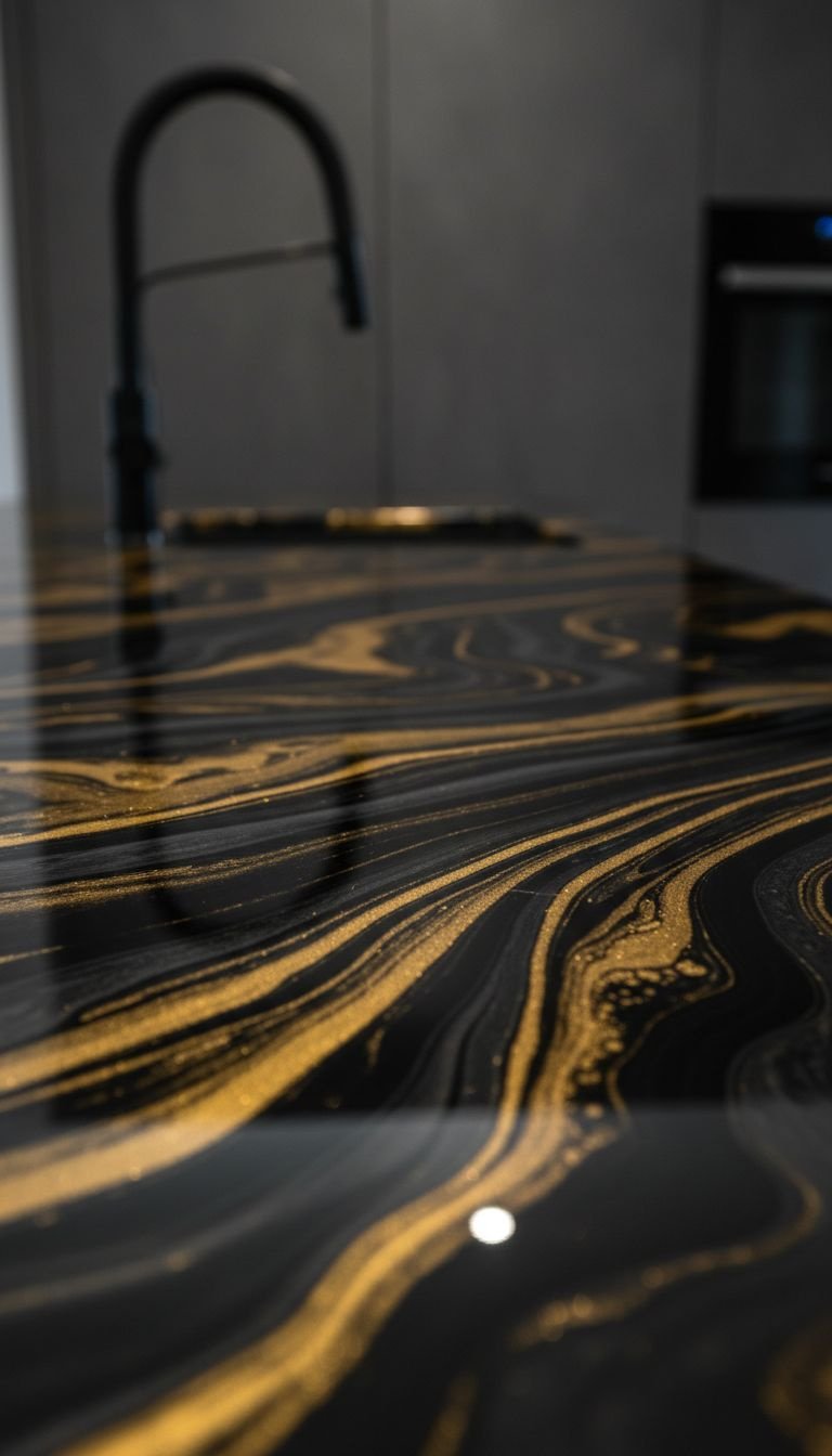 Modern kitchen countertop with high-gloss epoxy resin, black and metallic gold swirls, black faucet, and cabinet.