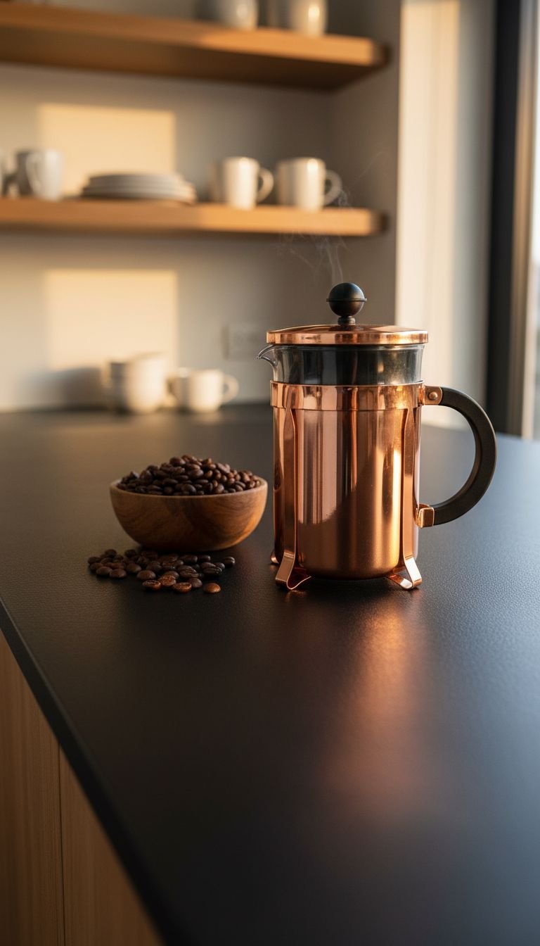 Modern kitchen countertop with new slate-black textured paint, durable satin finish, copper French press, and coffee beans.