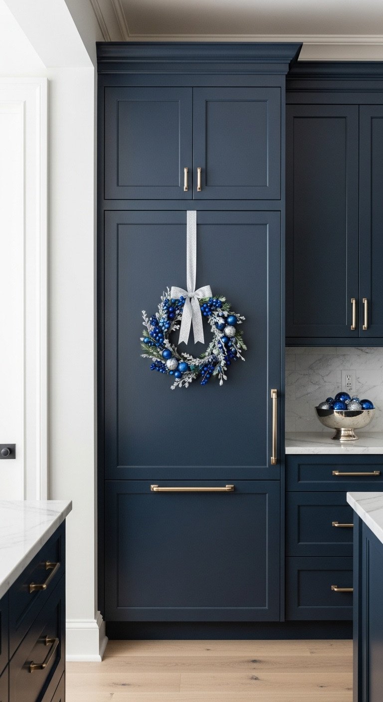 Modern kitchen dark blue cabinets Christmas decor sapphire blue silver wreath ribbons trending color palette white marble
