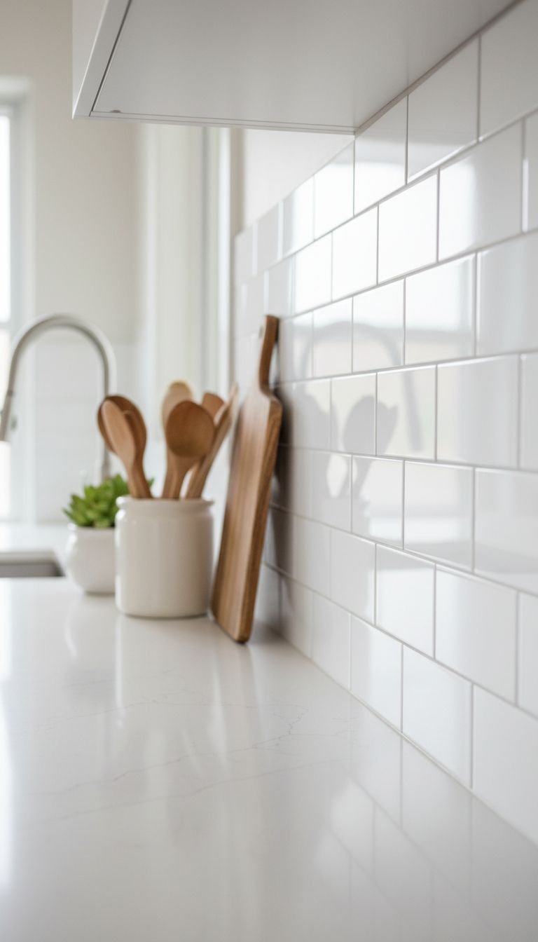 Modern kitchen features a newly installed white subway tile peel-and-stick backsplash with light gray grout, quartz counter, and decor.