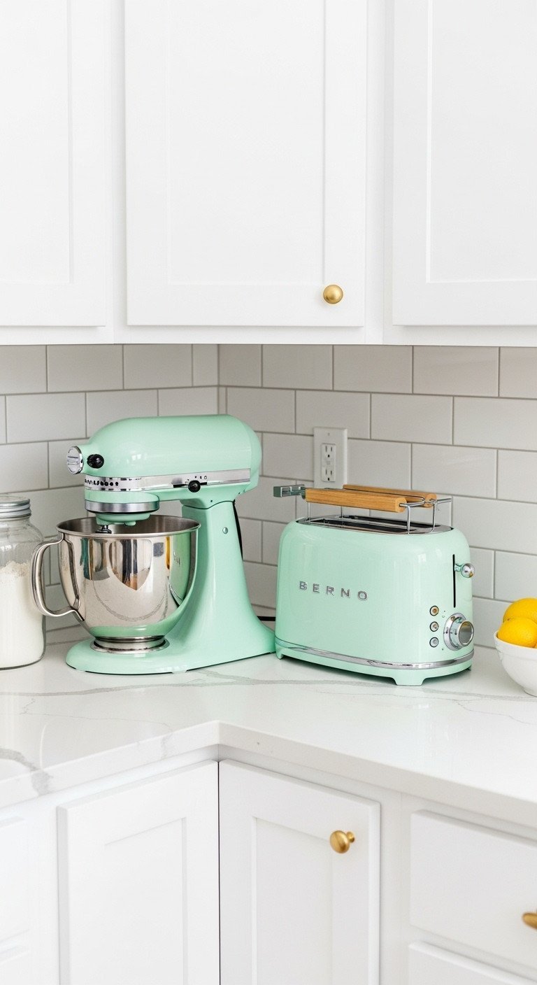 11 Colorful Apartment Kitchen Ideas To Add Personality 11 Modern kitchen featuring retro mint green stand mixer and toaster on a light quartz countertop with flour and fresh lemons.