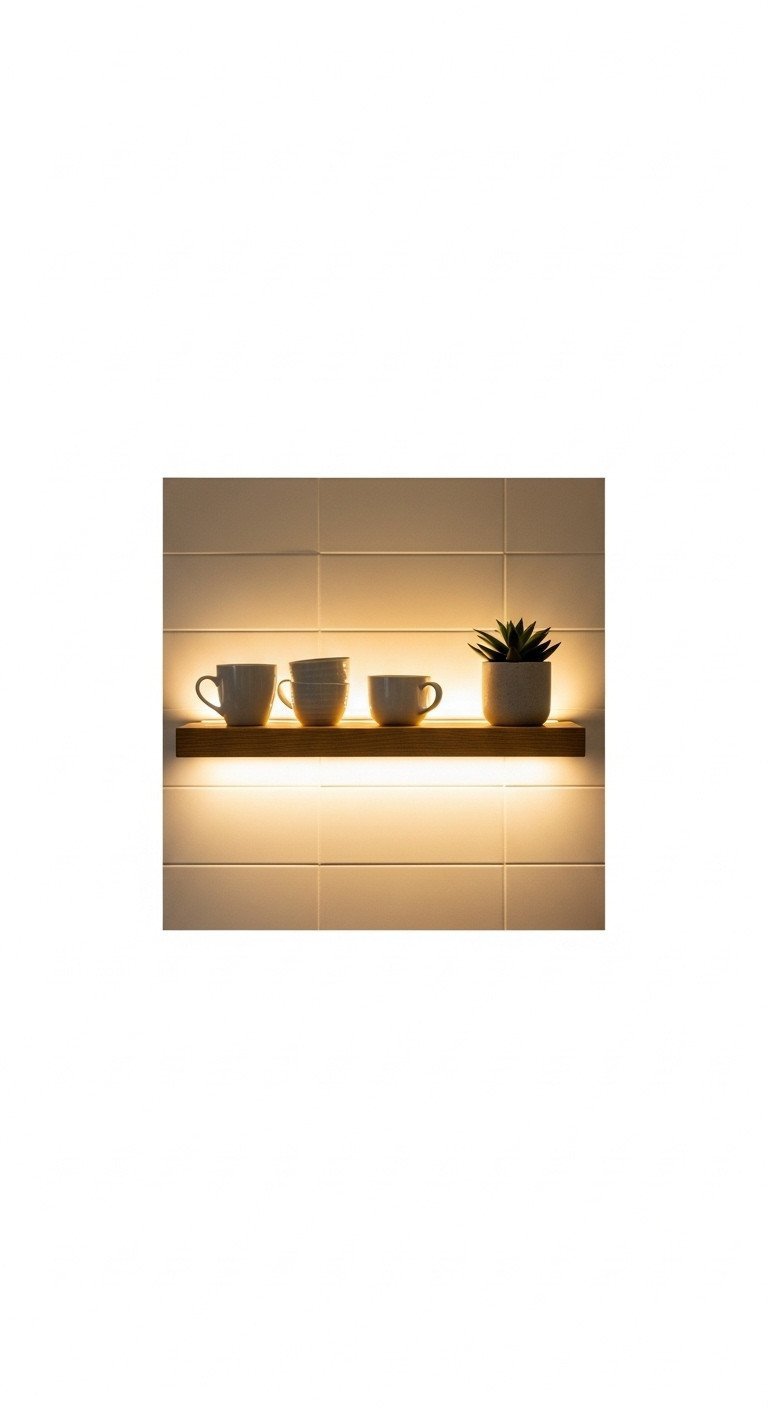Modern kitchen floating shelf with soft LED backlighting. Ceramic mugs, potted succulent. White tiled wall. Creative home decor lighting.