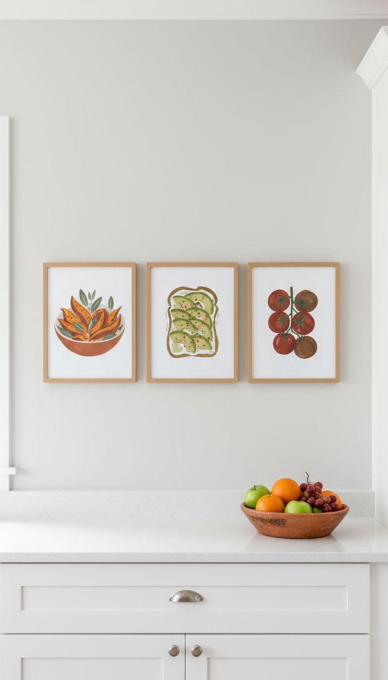 Modern kitchen gallery wall with three framed food-themed art prints on a light gray wall. Fresh fruit on counter.