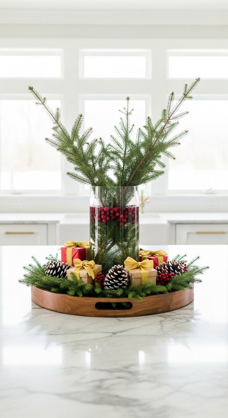 Modern kitchen island with oversized centerpiece tray glass vase cranberries evergreen and wrapped gifts