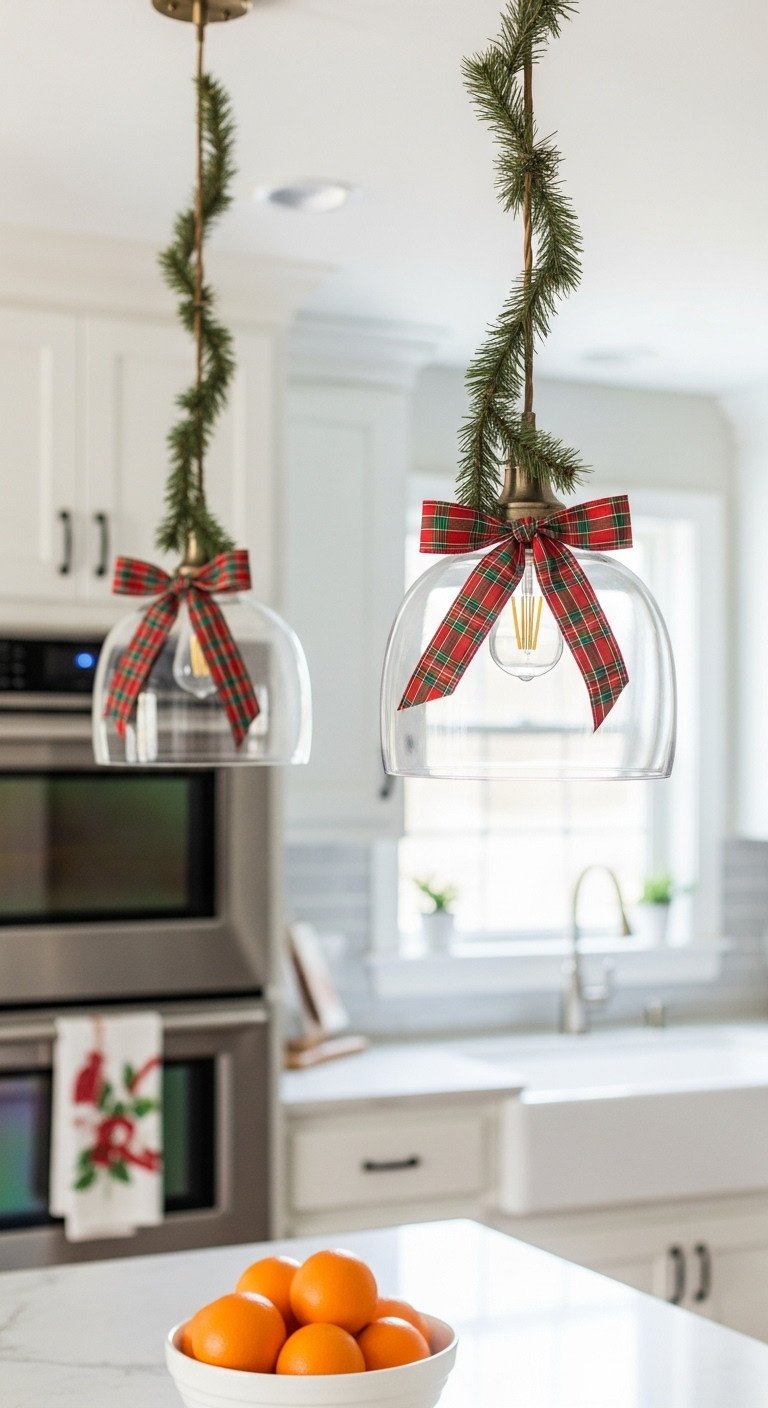 Modern kitchen pendant lights decorated with pine garland ties and plaid ribbon bows bright airy holiday decor