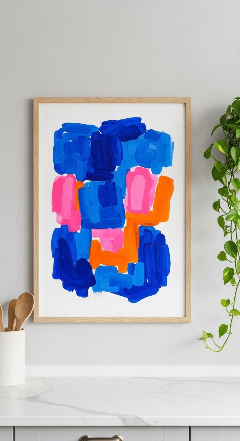 11 Colorful Apartment Kitchen Ideas To Add Personality 19 Modern kitchen with a vibrant abstract art print in a light wood frame on a gray wall, featuring blue, pink, and orange strokes.