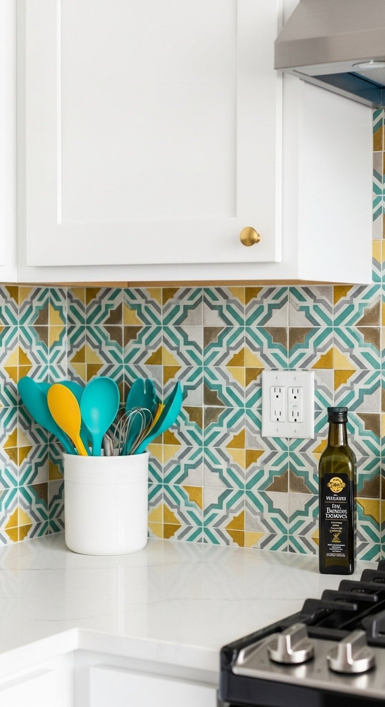 11 Colorful Apartment Kitchen Ideas To Add Personality 3 Modern kitchen with colorful geometric peel-and-stick tile backsplash in teal, mustard, and gray, white countertop, utensil holder, olive oil.