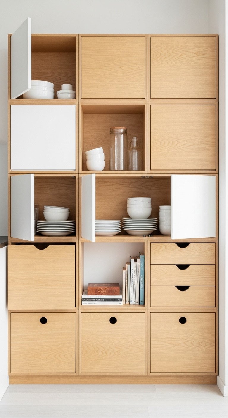 Modern kitchen with light birch wood modular cube storage units with doors drawers and open shelves neatly organized in daylight