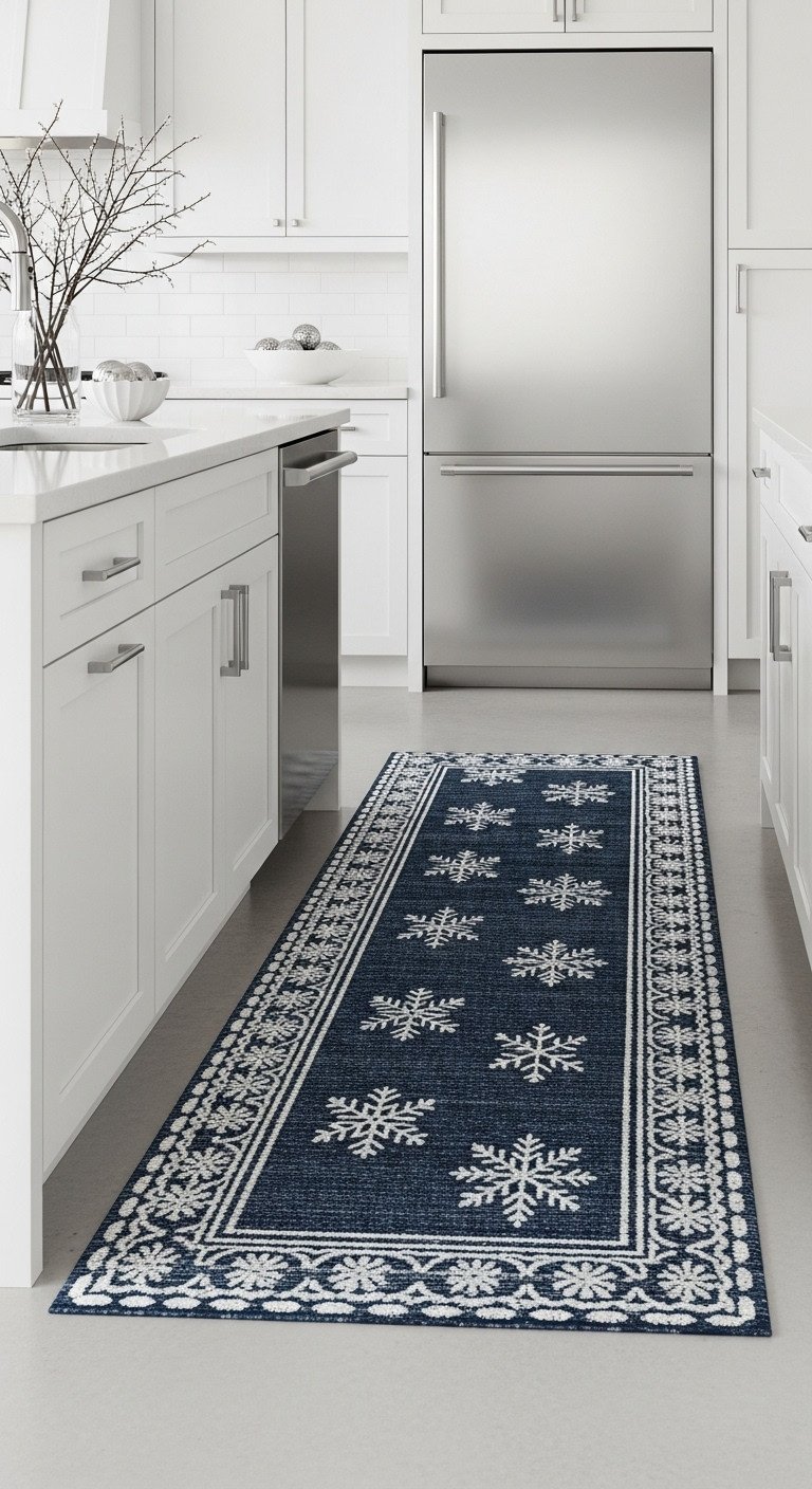 Modern kitchen with navy blue snowflake runner rug light gray concrete floor sleek white cabinets winter decor