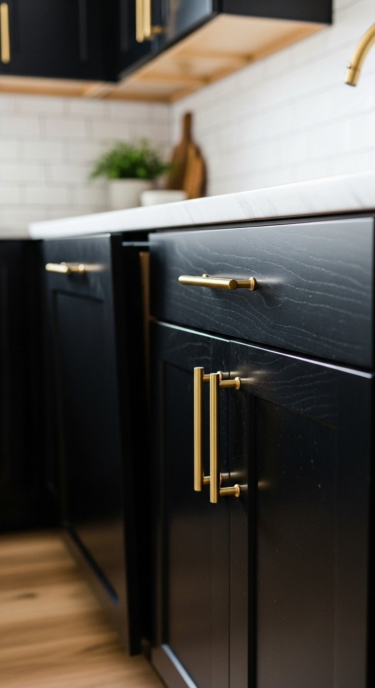 Modern kitchen with sleek matte black cabinets featuring elegant brushed gold bar pull hardware, white marble counter, and plant.