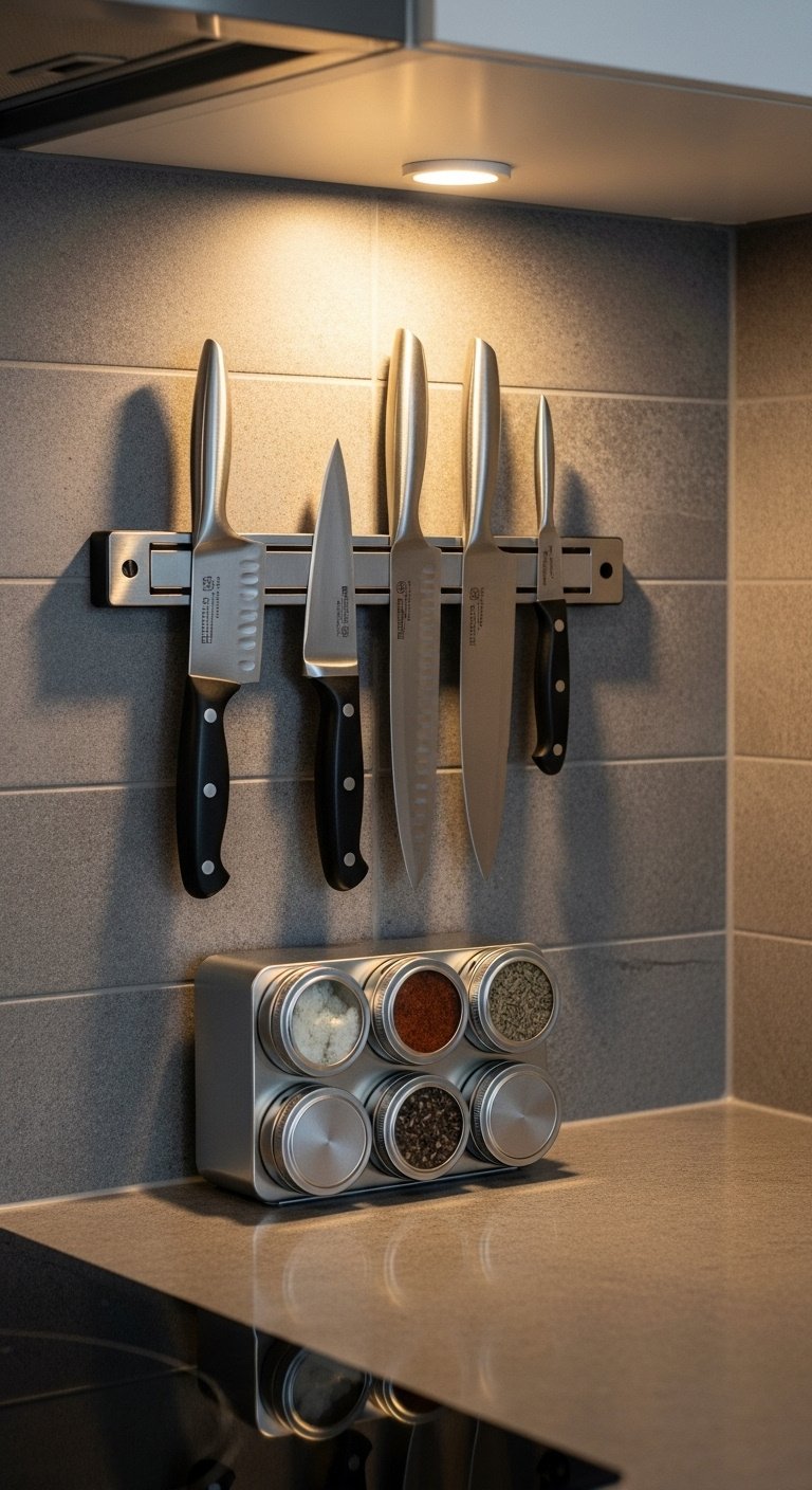 11 Genius Apartment Kitchen Design Ideas For Small Spaces 3 Modern kitchen with sleek stainless steel magnetic knife strip, professional chef's knives, and honeycomb spice tins on gray tile.