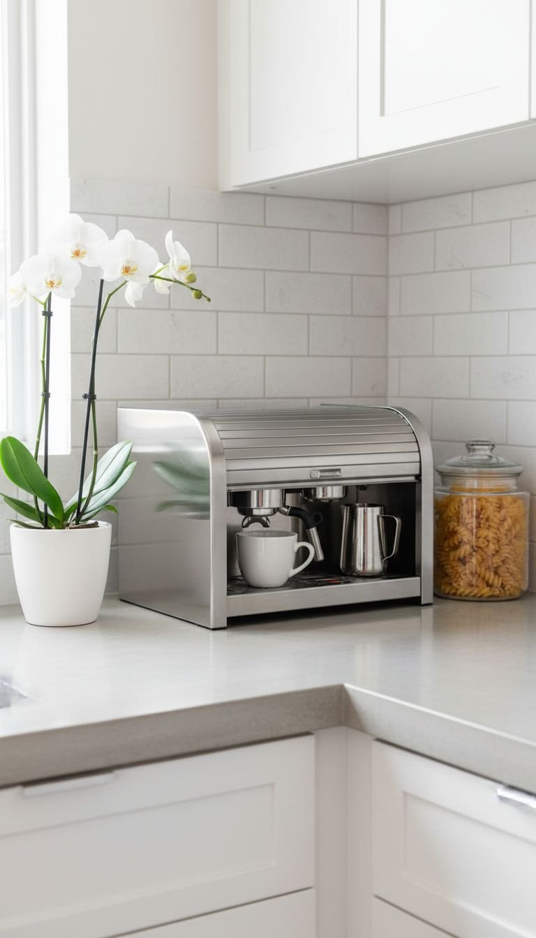 Modern kitchen with stainless steel appliance garage, roll-up door, coffee station, white orchid, and pasta canister.