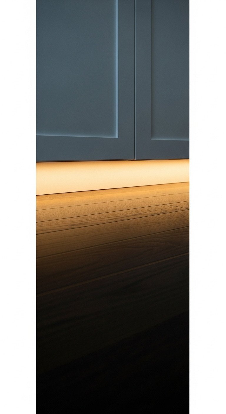 Modern kitchen with warm LED toe-kick lighting, making white cabinets appear to float. Dark hardwood floor. Sleek home design idea.