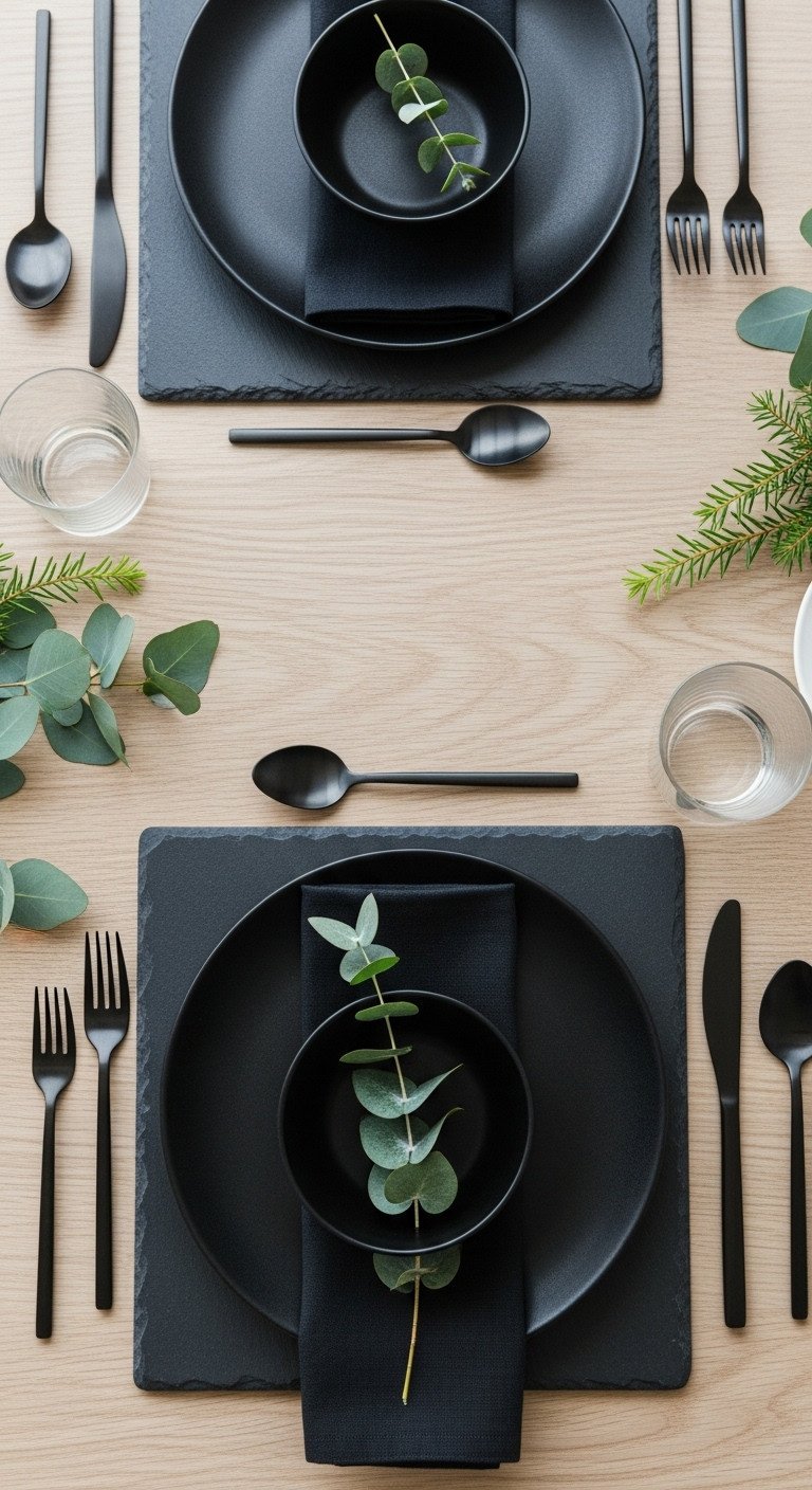 Christmas Table Decor Ideas To Inspire Every Style 5 Modern minimalist Christmas table with sleek place setting, black matte cutlery, eucalyptus on linen napkin, slate placemat.