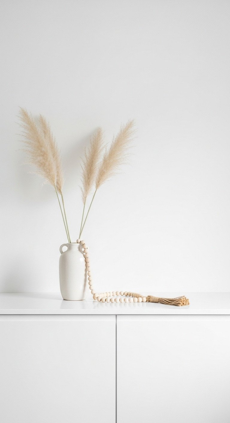 Modern minimalist kitchen decor above white cabinets pampas grass ceramic vase wooden bead garland airy daylight