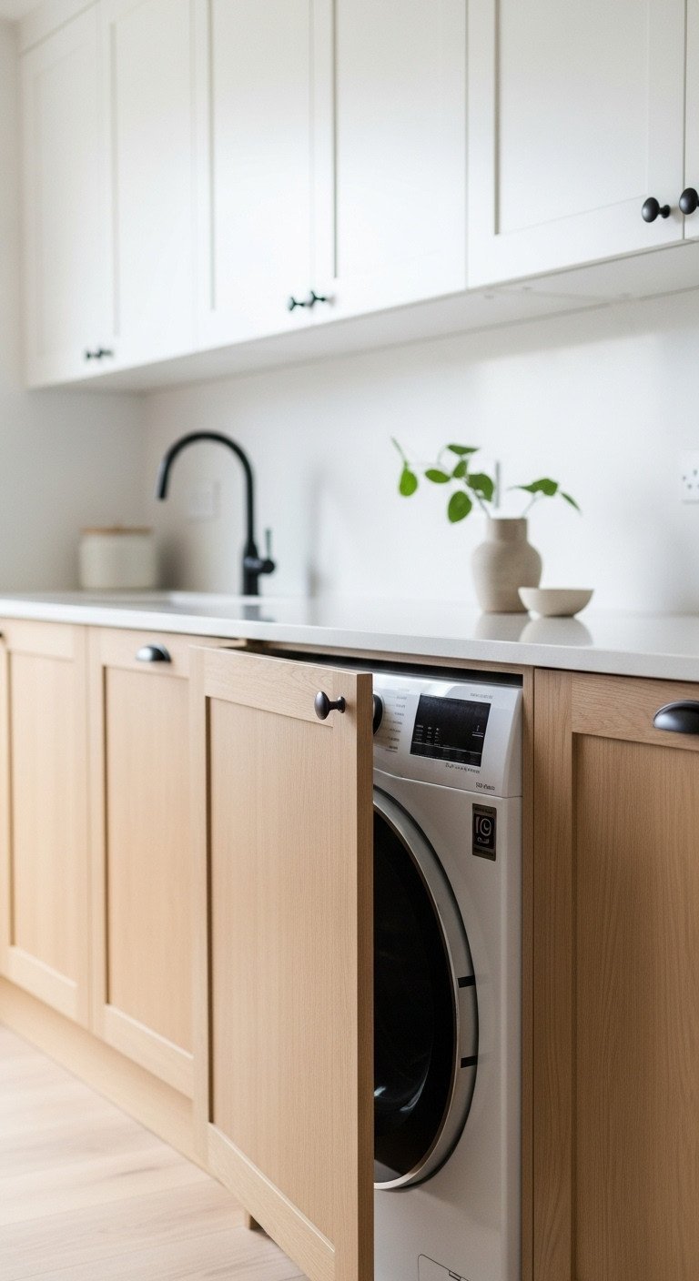 Modern minimalist kitchen features light oak cabinetry with an ajar panel, revealing a high-end integrated panel-ready washing machine. Quartz countertops.