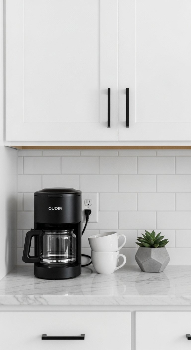 Modern minimalist kitchen with a sleek black coffee maker, white mugs, and a succulent on a marble counter, promoting clean living.
