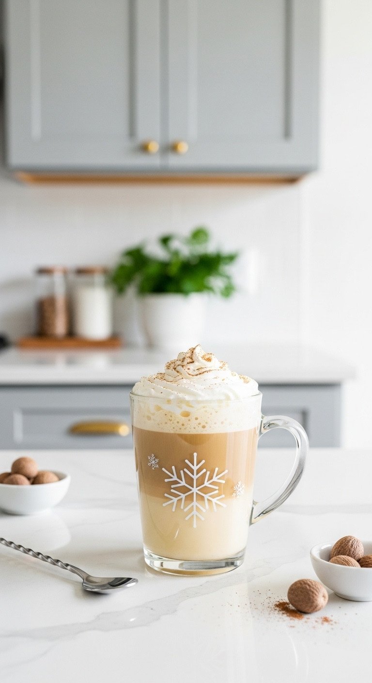 Modern minimalist kitchen with chic glass mug filled with layered eggnog latte and snowflake design on white quartz countertop