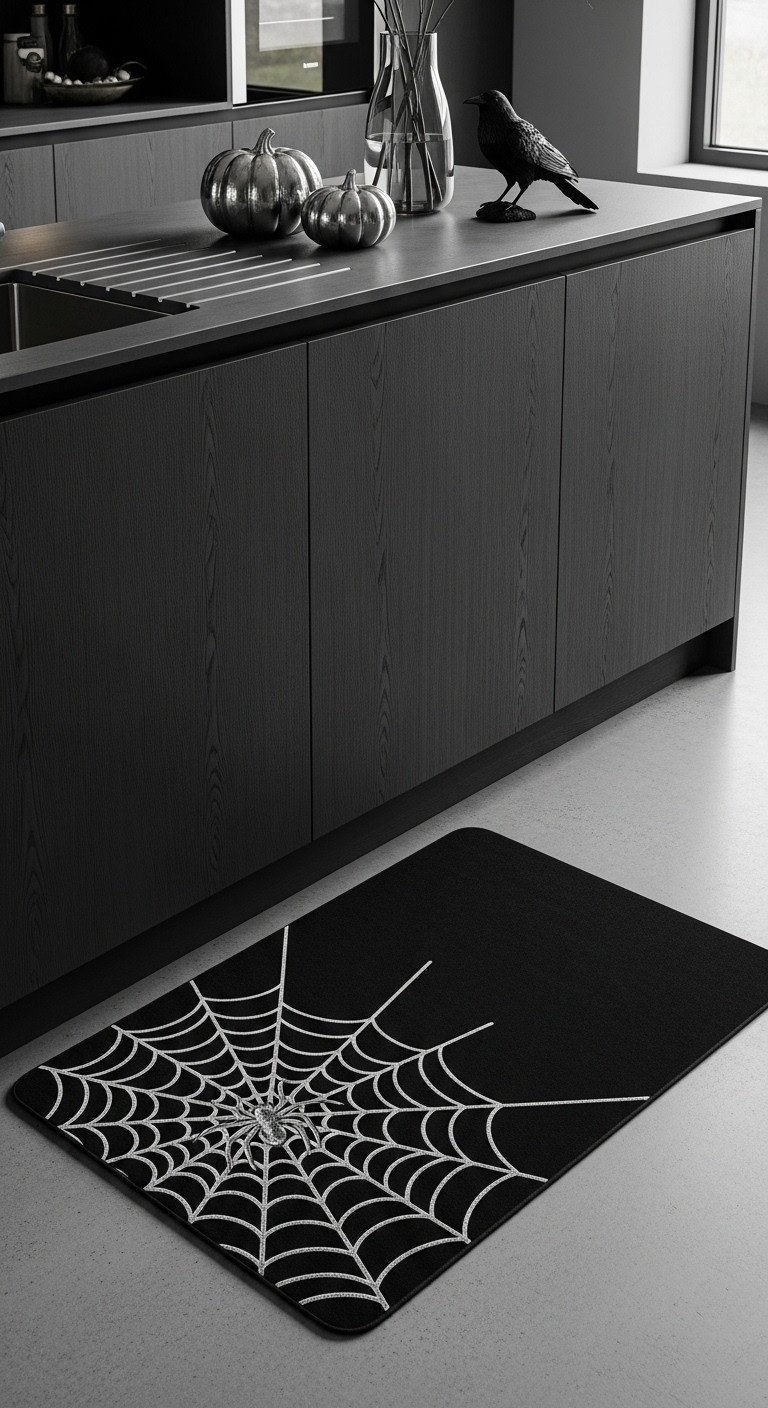 Modern moody kitchen with a gothic black spiderweb kitchen mat in front of a dark charcoal gray island