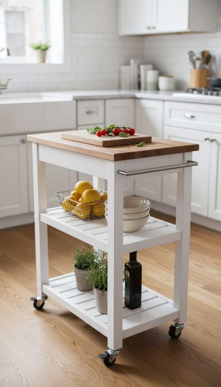 Brilliant Budget Apartment Kitchen Ideas That Look Expensive 9 Modern rolling kitchen cart with butcher block top and white shelves, organized with lemons. Functional storage for small kitchens.