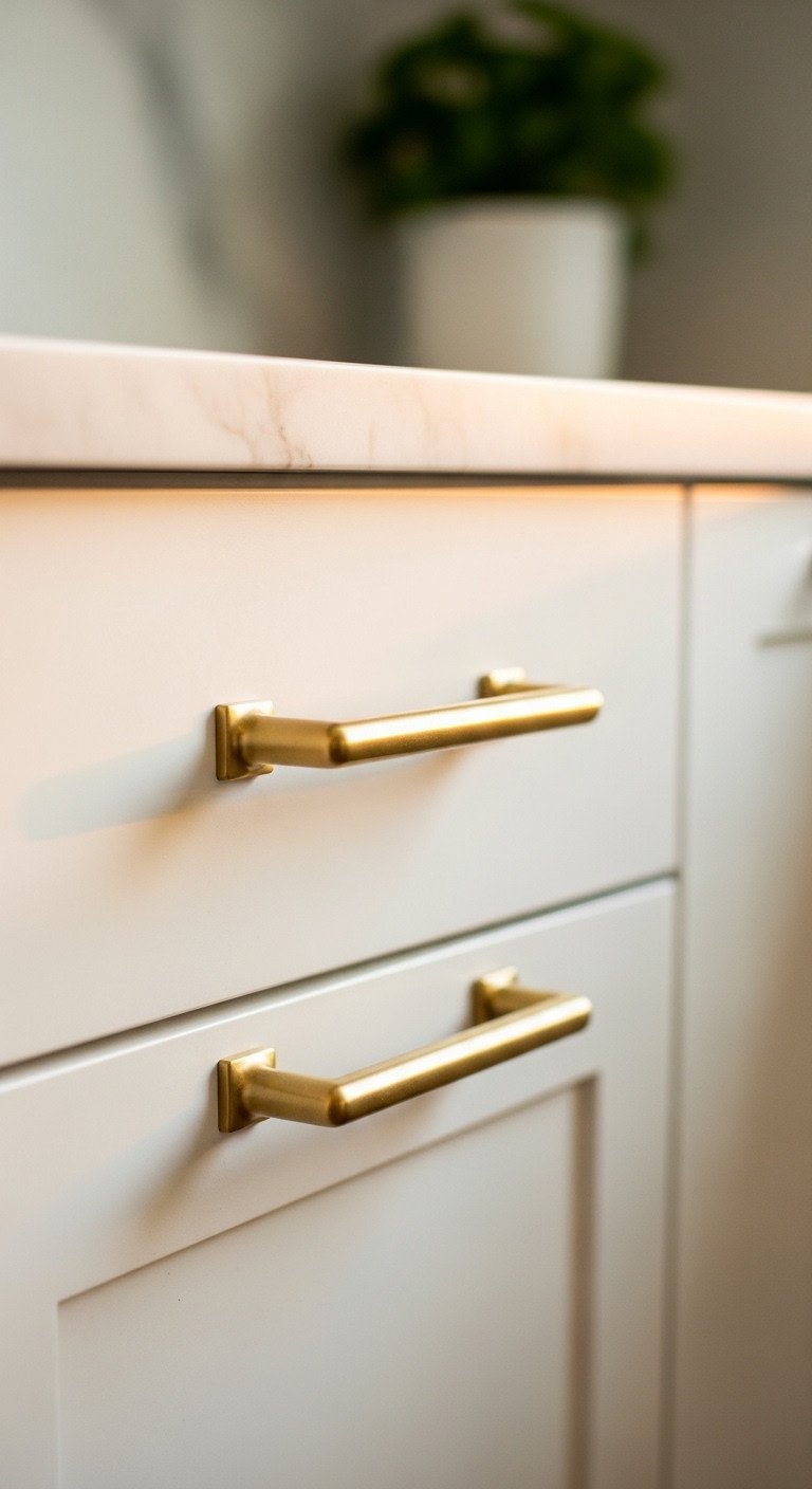 Modern satin brass cabinet pull handle on an off-white shaker kitchen drawer, elegant detail with warm golden light.