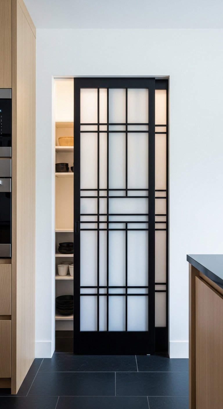 Modern shoji screen sliding pantry door with black lattice and translucent panels in a minimalist kitchen