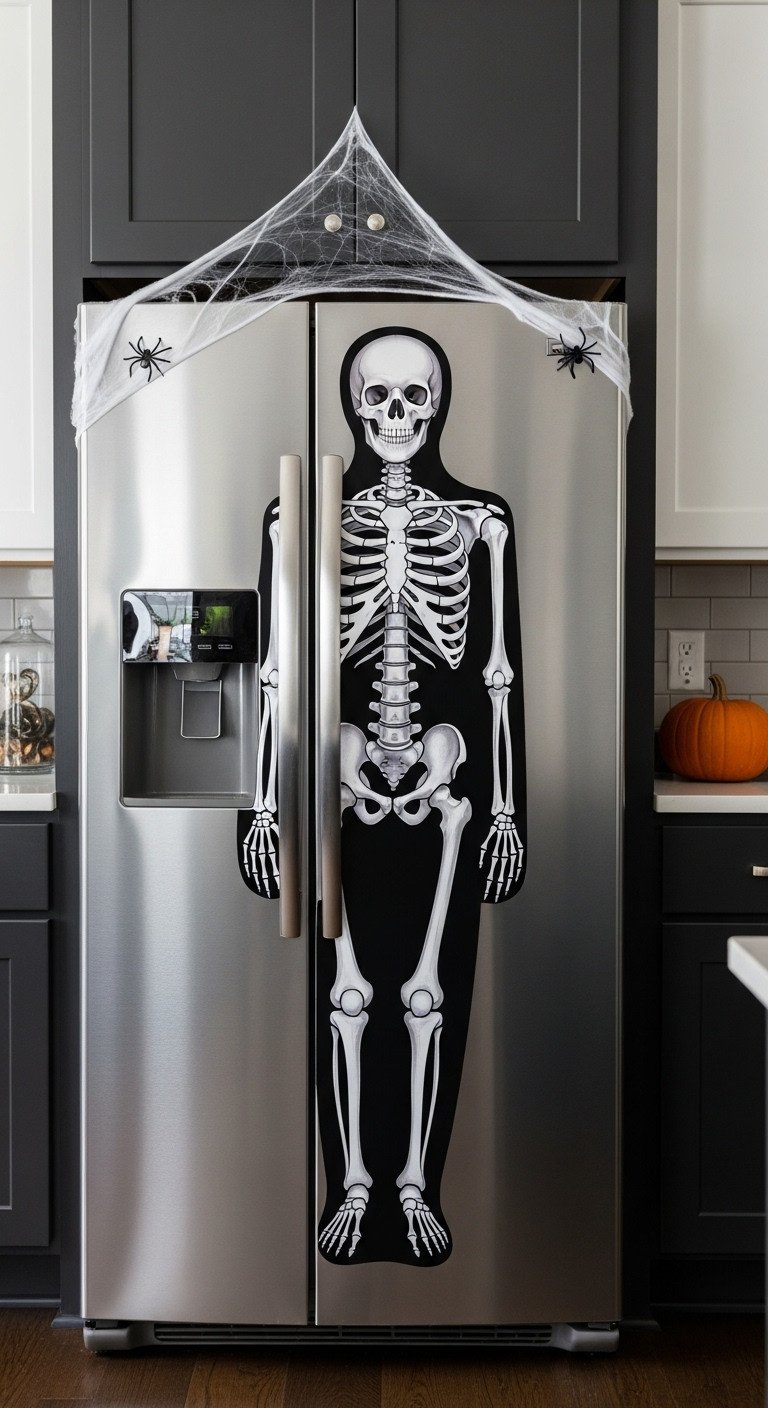 Modern stainless steel refrigerator decorated with a skeleton vinyl decal creating an X-ray effect in a clean kitchen