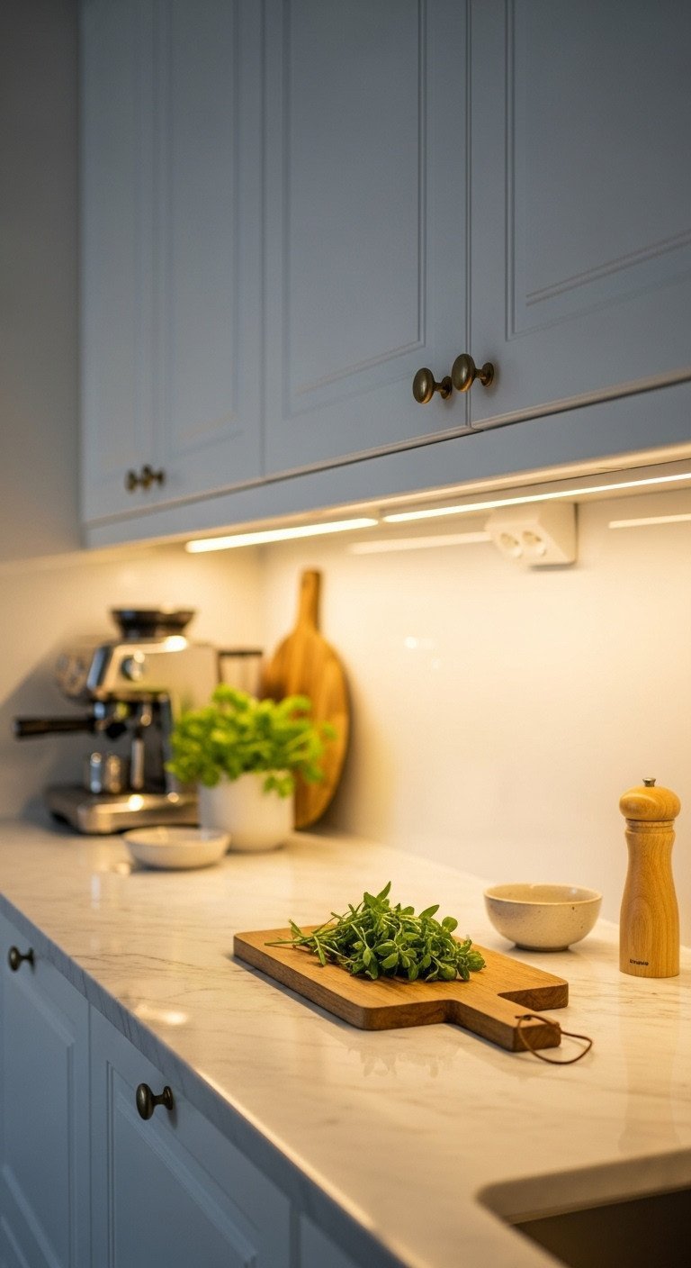 Modern white kitchen with marble counter, warm LED under-cabinet lighting. Wooden cutting board, fresh herbs. Stylish home decor.