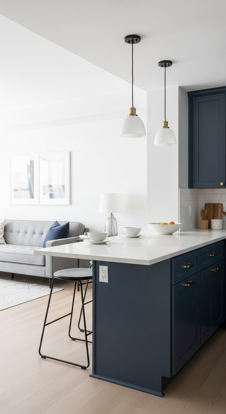9 Open Concept Kitchen Ideas To Maximize Your Apartment Space 3 Modern white quartz kitchen peninsula, navy blue cabinets, black stools. Open concept apartment kitchen with light wood floor.