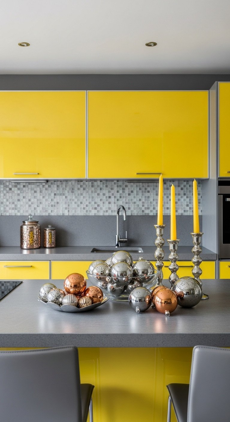 Modern yellow and gray kitchen with mixed metal Christmas decor on island contemporary holiday style