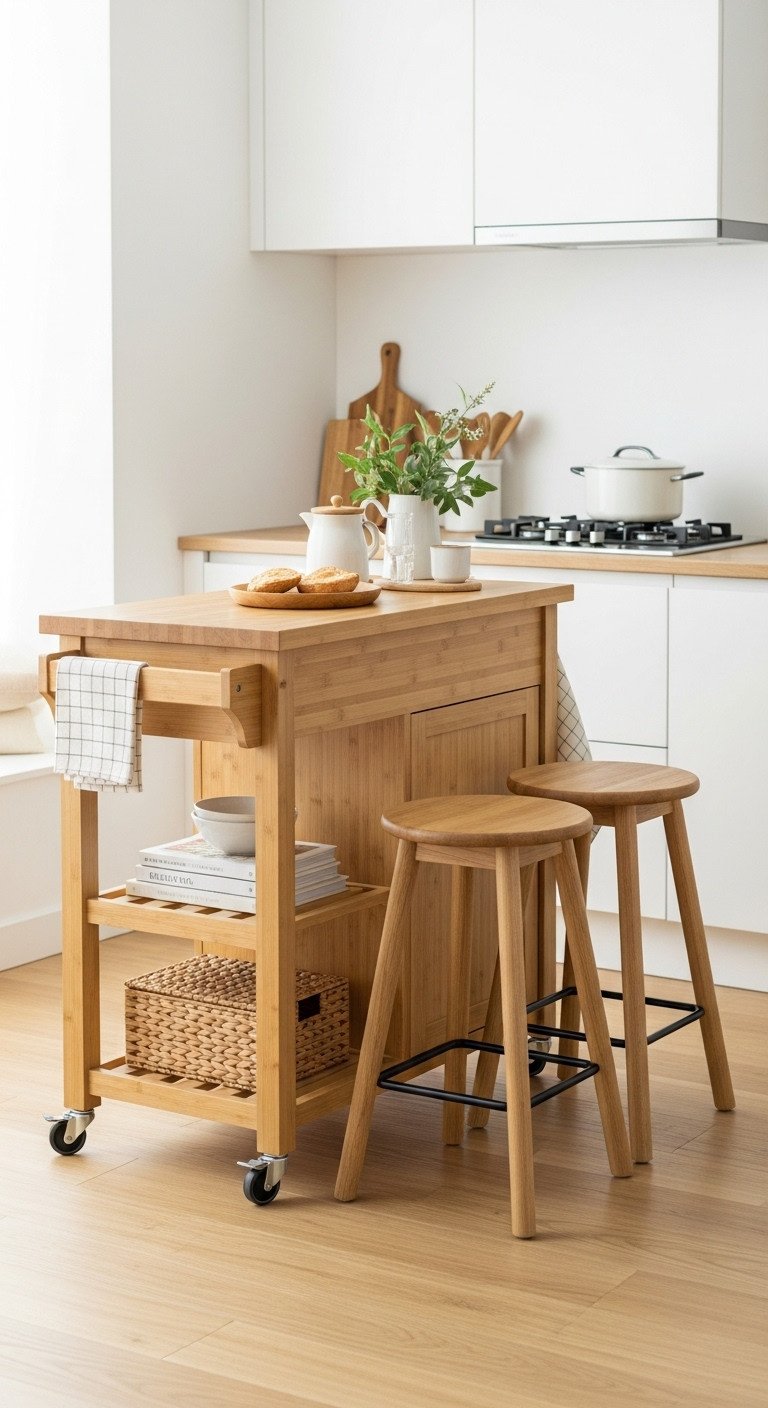 Multi functional bamboo kitchen island with open shelving and stools in a small Japanese kitchen