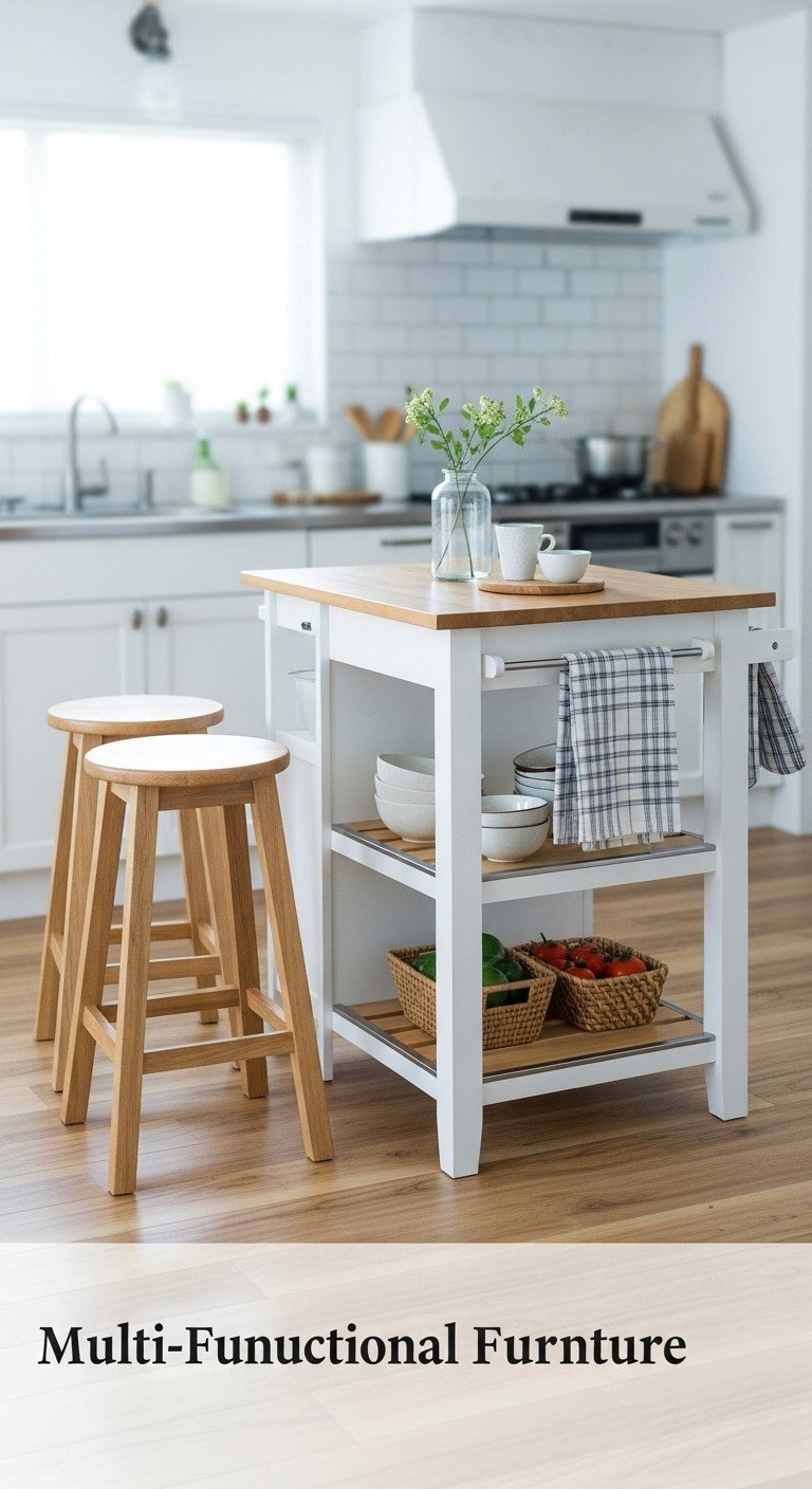 Multi functional small narrow kitchen island cart with shelves stacked bowls and produce and two stools