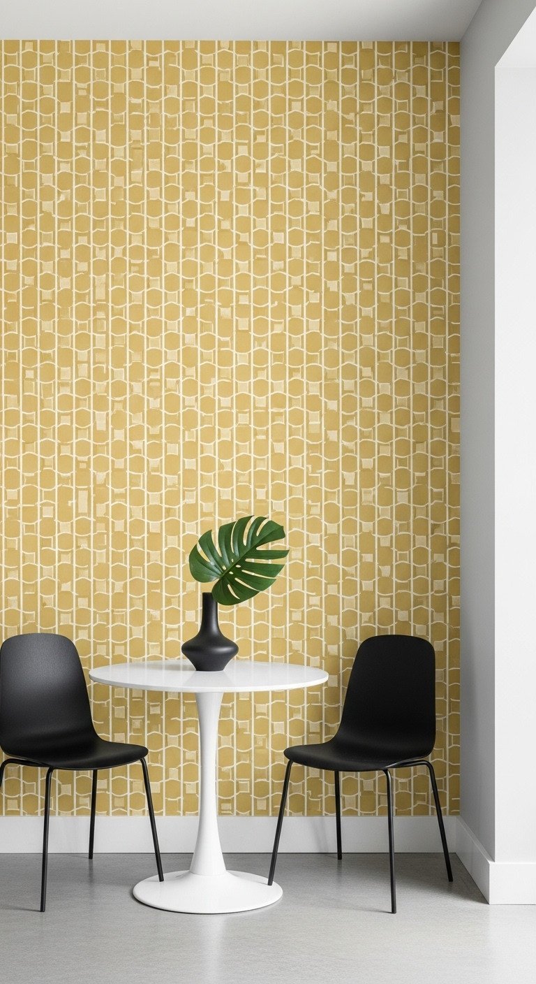 Mustard yellow geometric removable wallpaper accent wall in a modern kitchen, white bistro table. DIY home decor.