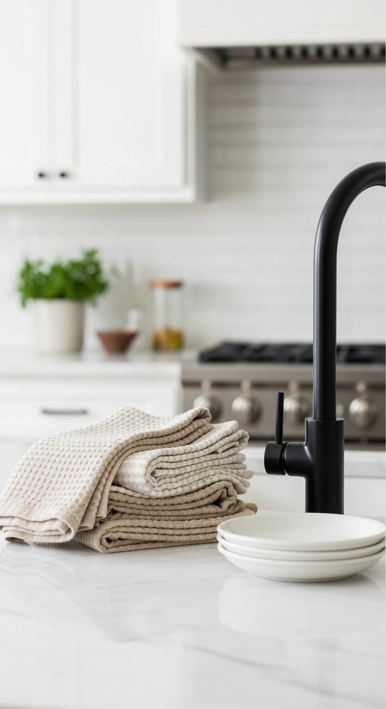 Muted color palette in a Japanese kitchen with folded textured towels and matte black faucet