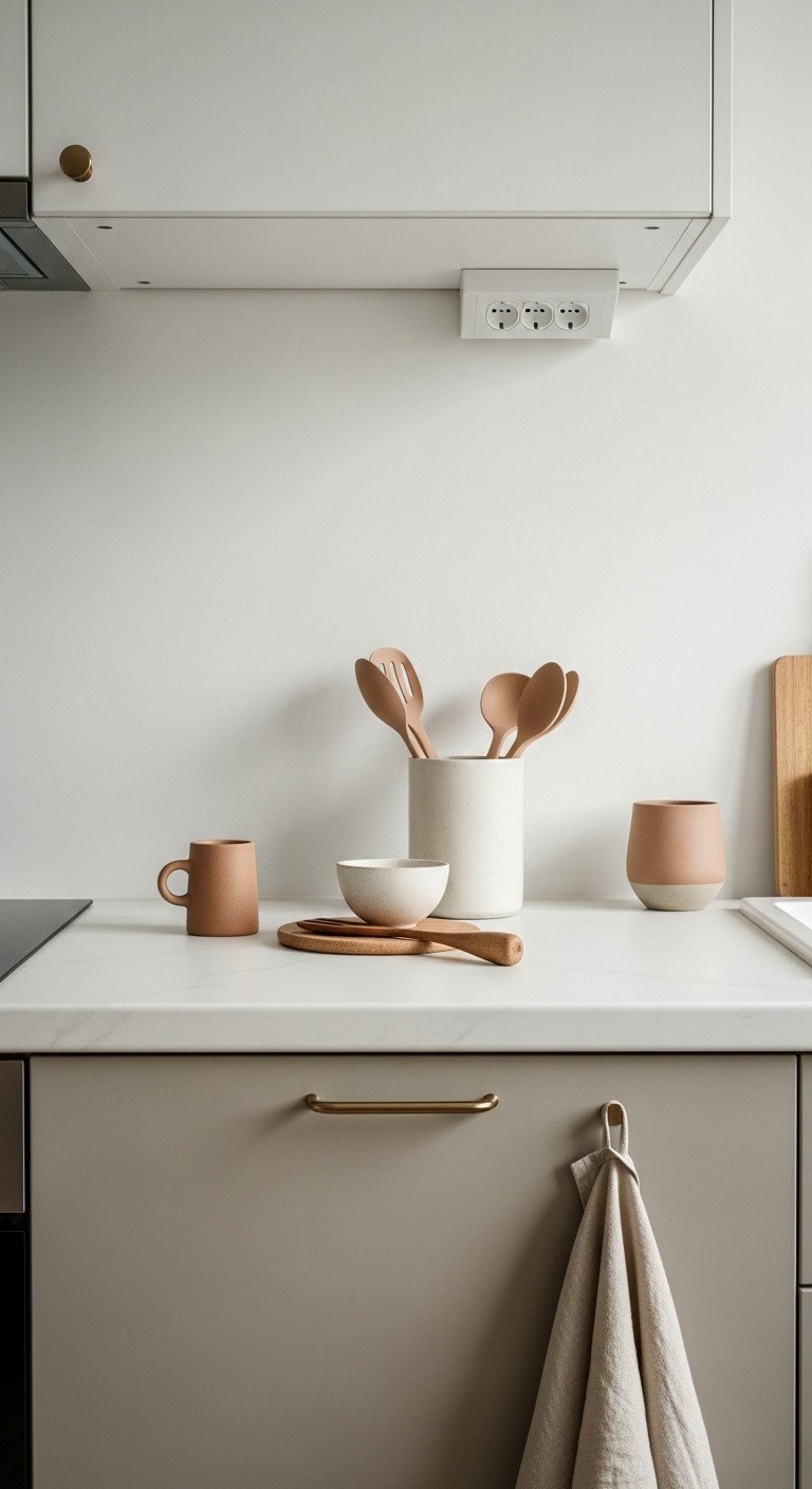 Muted earthy color palette in a Japanese kitchen with beige cabinets white walls and sand colored utensil holder