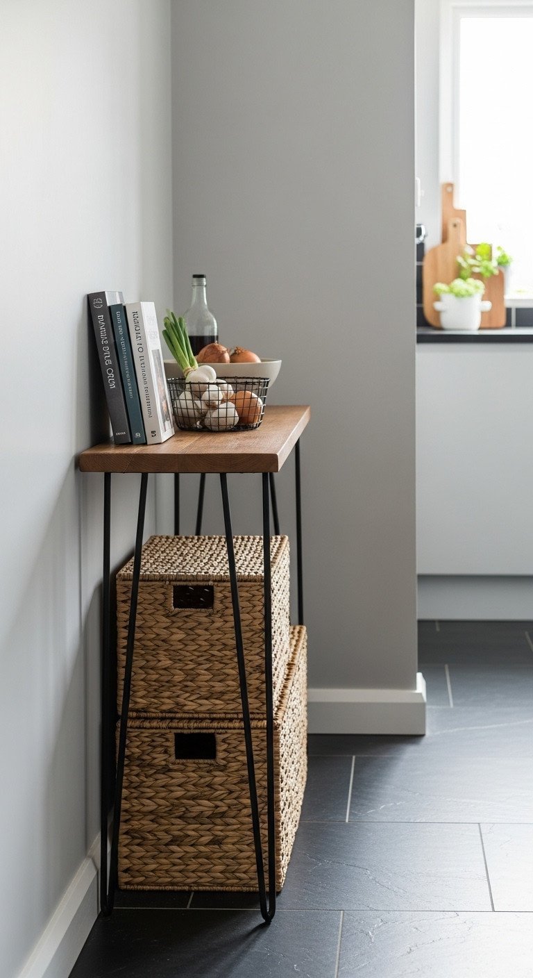 Genius Apartment Kitchen Island Ideas That Maximize Space 2 Narrow rustic-modern reclaimed wood console table, repurposed as a kitchen island, with cookbooks and storage baskets.
