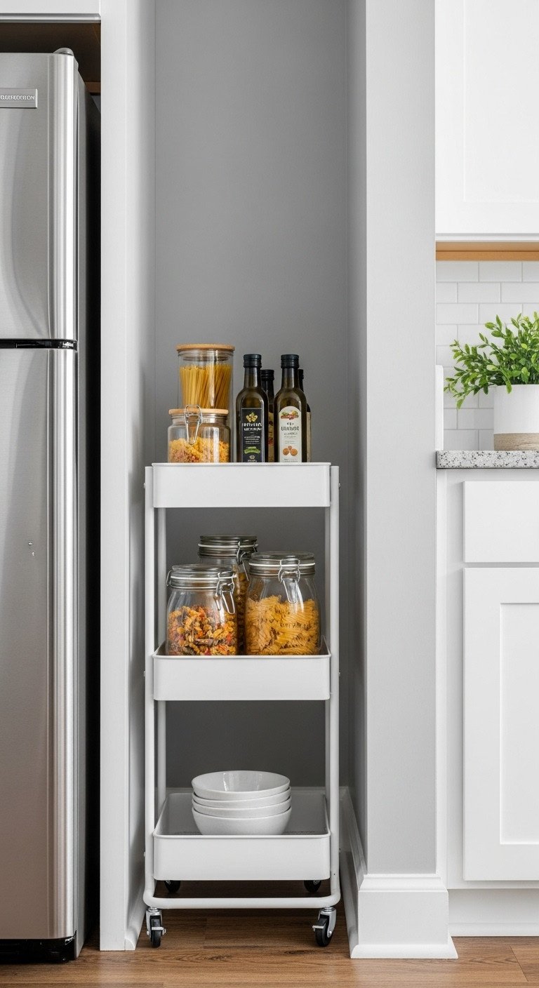 Narrow three tiered white metal rolling cart organized with glass jars, olive oil, and small bowls between refrigerator and wall