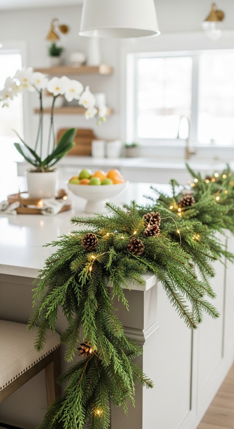 Natural evergreen garland with pinecones and warm white fairy lights elegantly draped on a light kitchen island.