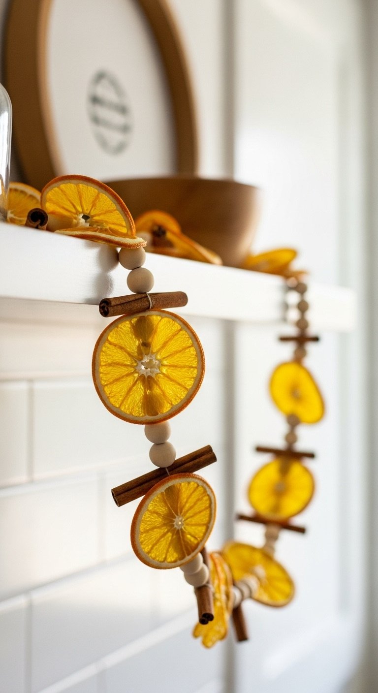 Natural kitchen decor with a glowing dried orange slice garland, cinnamon sticks, and wooden beads on a crisp white shelf.