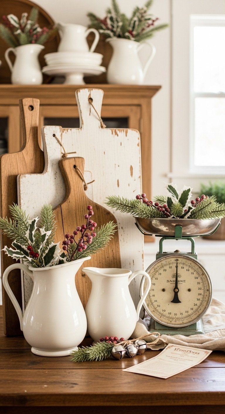 Natural pinecones, rustic branches, and frosted greenery create an organic display on a cream farmhouse kitchen cabinet.